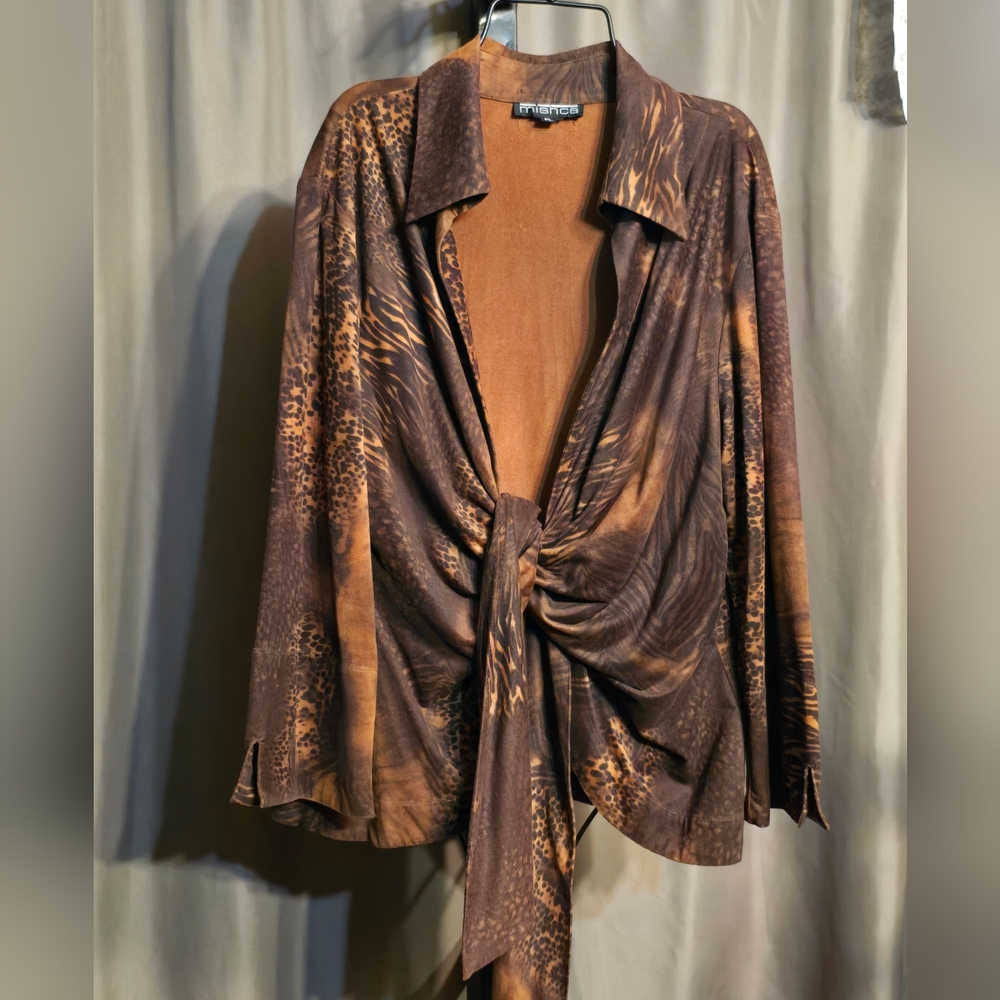 Vintage Brown Animal Print Tie-Front Blouse By Mishca, Size PL